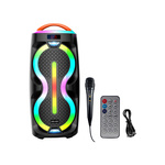 Przenośny Głośnik Stereo KARAOKE 2×6,5″ z BT, USB/TF, AUX, FM, LED RGB, Pilotem i Mikrofonem