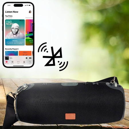 MOCNY GŁOŚNIK MOBILNY BEZPRZEWODOWY BLUETOOTH Z RADIO BASS PASKIEM NA RAMIE 29 CM